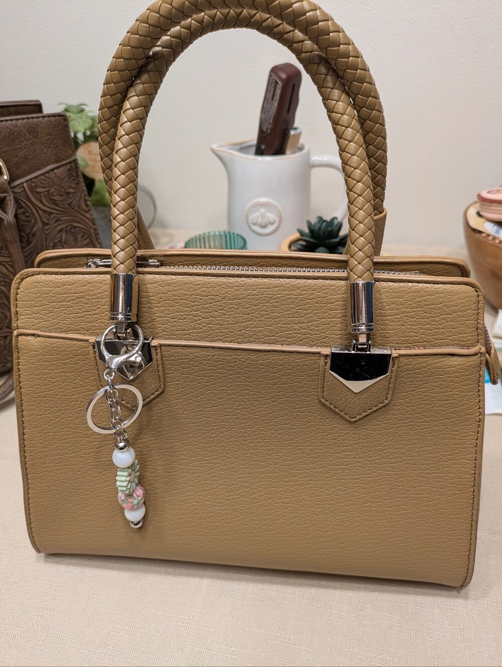 Classic Tan Women’s Handbag with Braided Handles * Crossbody Strap * Purse Charm